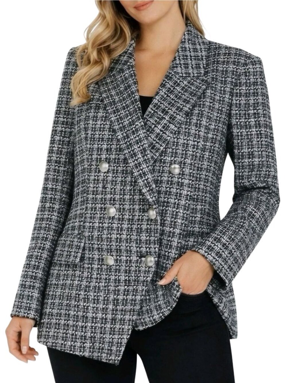 Elie Tahari Black White Silver Button Double-breasted Tweed Blazer Size S